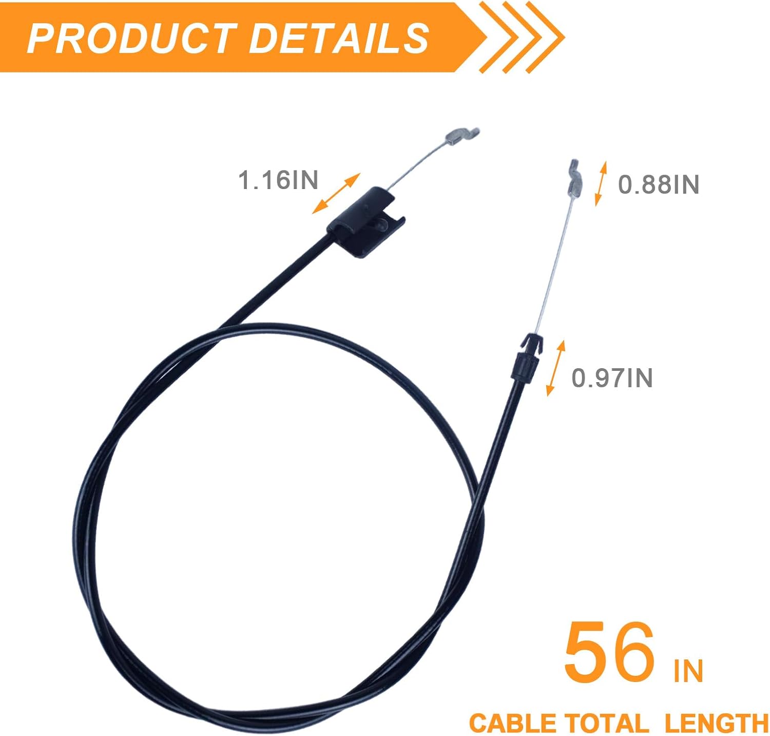 Black cable product detail graphic with measurement annotations showing 1.16 inches, 0.