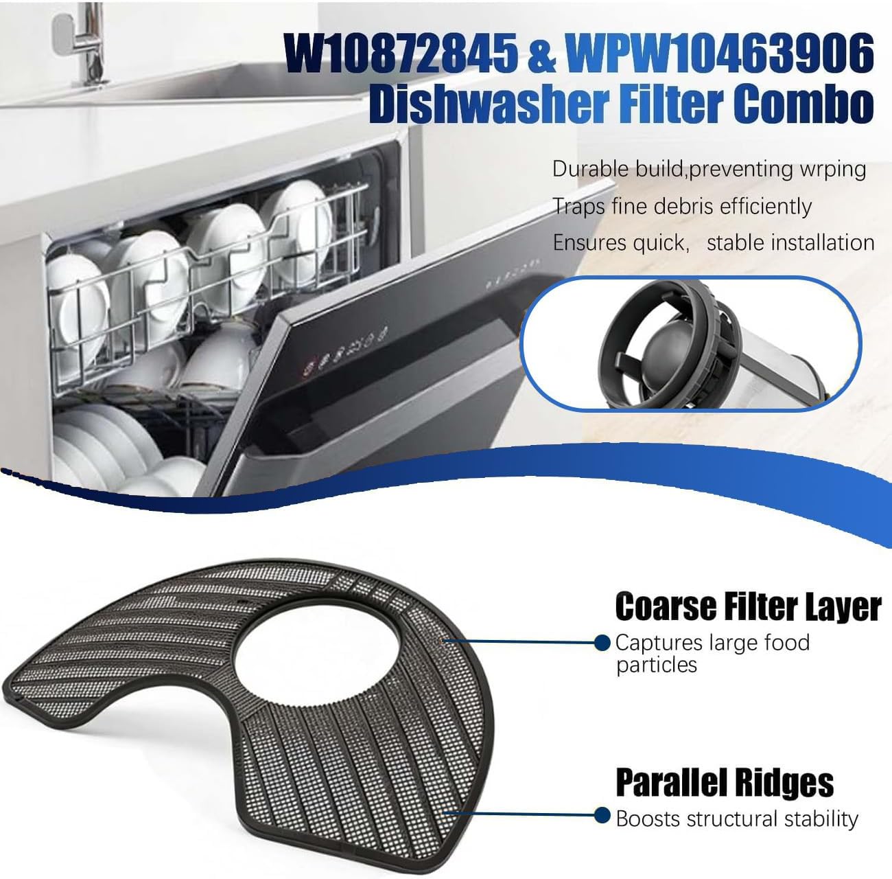 W10872845 WPW10463906 Dishwasher Pump Filter Replacement Kit Compatible with Whirlpool