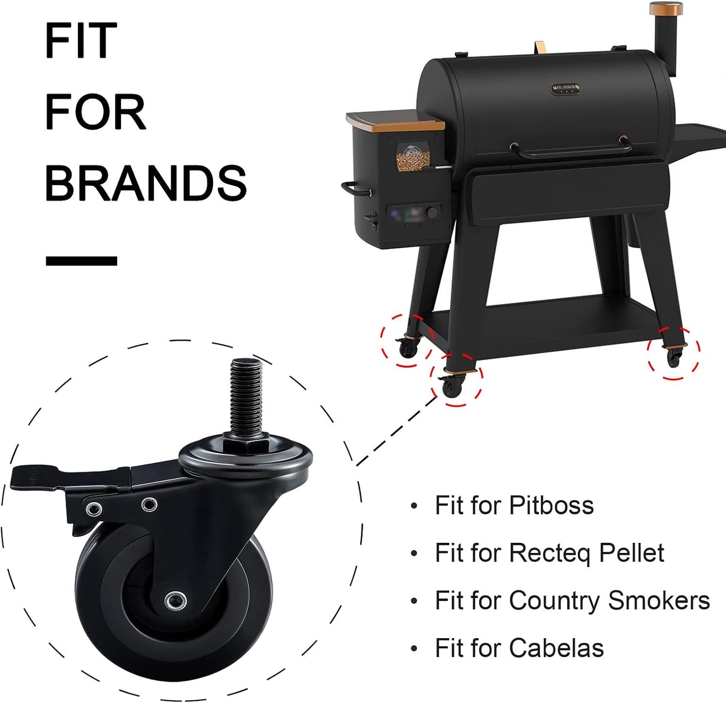74064 Locking Caster Wheels Replacement for Pellet Grills - 3 Inch Grill Wheel Kit