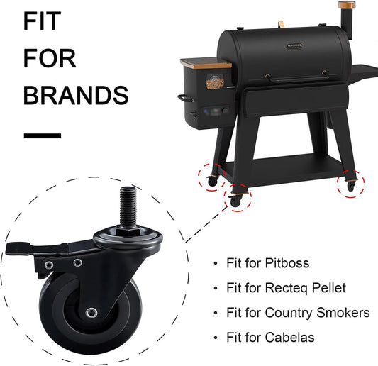 74064 Locking Caster Wheels Replacement for Pellet Grills - 3 Inch Grill Wheel Kit